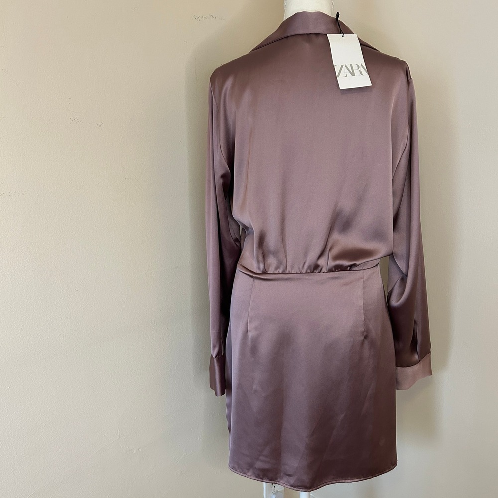 Zara Mauve Pink Satin Twisted Front Mini Shirt Cocktail Dress Small - Picture 11 of 14